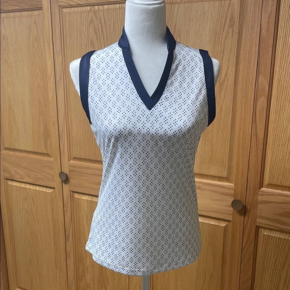 PGA Tour White Sleeveless V-Neck Tank with Navy Trim and Dot Print